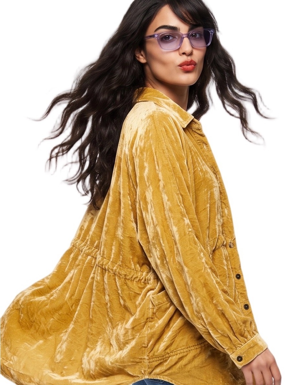 WISHLIST Gold Crushed Velvet Long sleeve Button Up collared Tunic length Shirt L - Picture 15 of 15